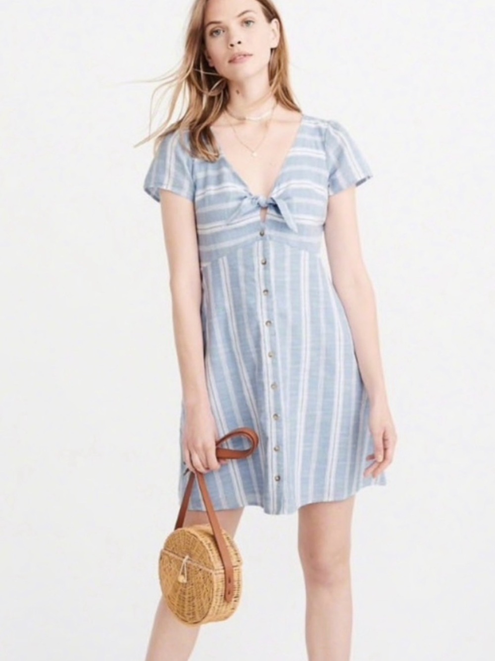 Abercrombie & Fitch Blue and White Striped Tie-Front Mini Dress
